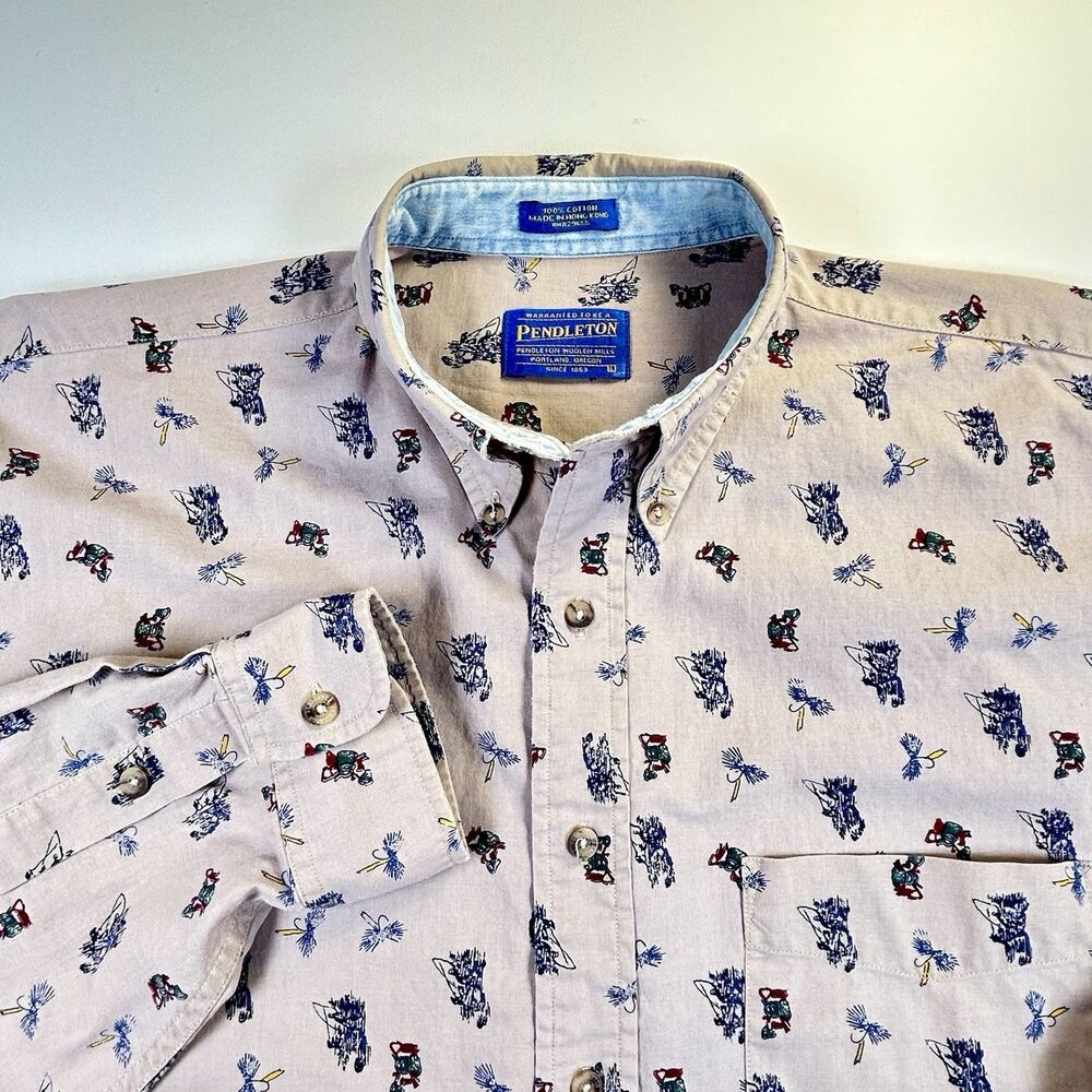 Vintage 90s Pendleton Fly Fishing Print Button Down Shirt Size L Hong Kong